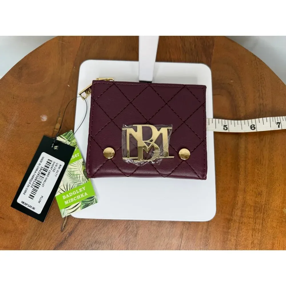 Badgley Mischka Plum Quilted Short Card Wallet Zip Coin Purse NWT Gold Logo